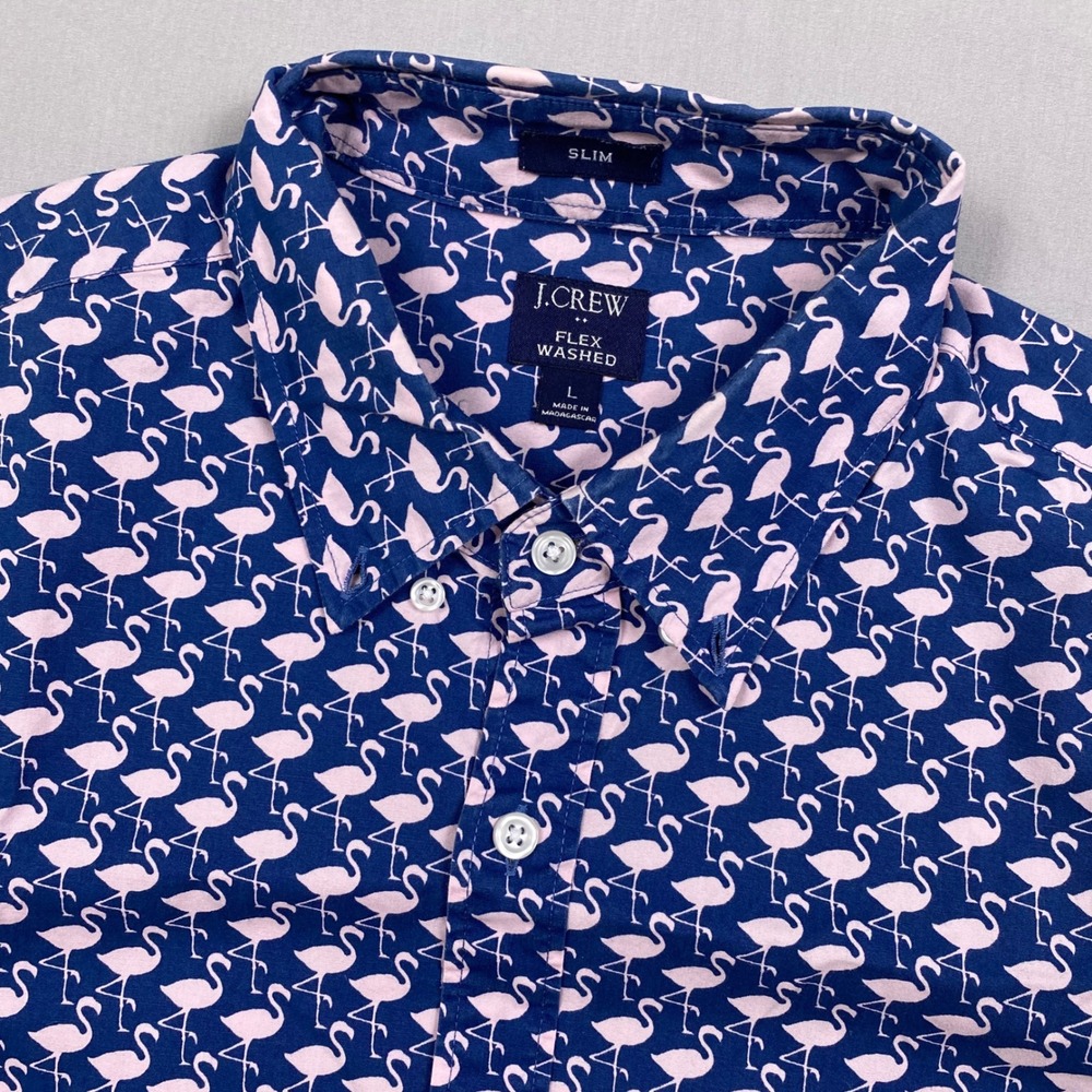 J.Crew Flex Washed Slim Fit Shirt Men L Blue Pink Flamingo Stretch Preppy Casual
